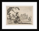 Plate 5: two pilgrims with hats rest to the left, seen from behind, a horseman rides towar…, 1642 by Stefano della Bella