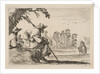 Plate 5: two pilgrims with hats rest to the left, seen from behind, a horseman rides towar…, 1642 by Stefano della Bella