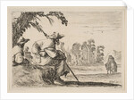 Plate 5: two pilgrims with hats rest to the left, seen from behind, a horseman rides towar…, 1642 by Stefano della Bella