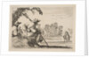 Plate 5: two pilgrims with hats rest to the left, seen from behind, a horseman rides towar…, 1642 by Stefano della Bella