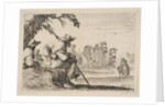 Plate 5: two pilgrims with hats rest to the left, seen from behind, a horseman rides towar…, 1642 by Stefano della Bella