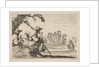 Plate 5: two pilgrims with hats rest to the left, seen from behind, a horseman rides towar…, 1642 by Stefano della Bella