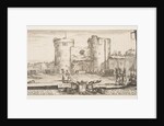 An entrance to a fortress in center, a woman with child seated by a fire to right, sol…, ca. 1641 by Stefano della Bella