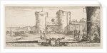 An entrance to a fortress in center, a woman with child seated by a fire to right, sol…, ca. 1641 by Stefano della Bella