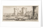 An entrance to a fortress in center, a woman with child seated by a fire to right, sol…, ca. 1641 by Stefano della Bella