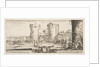 An entrance to a fortress in center, a woman with child seated by a fire to right, sol…, ca. 1641 by Stefano della Bella
