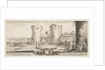 An entrance to a fortress in center, a woman with child seated by a fire to right, sol…, ca. 1641 by Stefano della Bella