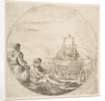 A seated white sailor and a standing black sailor, people building a ship in the backg…, ca. 1660 by Stefano della Bella