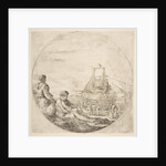 A seated white sailor and a standing black sailor, people building a ship in the backg…, ca. 1660 by Stefano della Bella