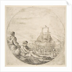 A seated white sailor and a standing black sailor, people building a ship in the backg…, ca. 1660 by Stefano della Bella