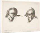 Plate 10: two heads of old soldiers wearing helmets, both facing left and looking down…, ca. 1641 by Stefano della Bella