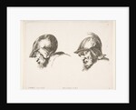 Plate 10: two heads of old soldiers wearing helmets, both facing left and looking down…, ca. 1641 by Stefano della Bella