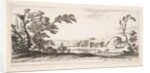 Plate 3: two horsemen crossing a river to right, a woman with two baskets atop a donke…, ca. 1641 by Stefano della Bella