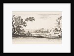 Plate 3: two horsemen crossing a river to right, a woman with two baskets atop a donke…, ca. 1641 by Stefano della Bella