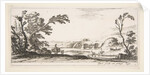 Plate 3: two horsemen crossing a river to right, a woman with two baskets atop a donke…, ca. 1641 by Stefano della Bella