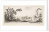 Plate 3: two horsemen crossing a river to right, a woman with two baskets atop a donke…, ca. 1641 by Stefano della Bella