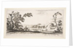 Plate 3: two horsemen crossing a river to right, a woman with two baskets atop a donke…, ca. 1641 by Stefano della Bella