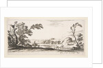 Plate 3: two horsemen crossing a river to right, a woman with two baskets atop a donke…, ca. 1641 by Stefano della Bella