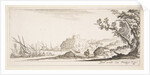 Plate 7: various boats on shore to left, a man carrying a bag, seen from behind and wa…, ca. 1641 by Stefano della Bella