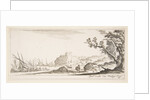 Plate 7: various boats on shore to left, a man carrying a bag, seen from behind and wa…, ca. 1641 by Stefano della Bella