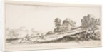 Plate 9: two horsemen at left galloping uphill towards the right, a horse and seated m…, ca. 1641 by Stefano della Bella