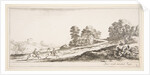 Plate 9: two horsemen at left galloping uphill towards the right, a horse and seated m…, ca. 1641 by Stefano della Bella