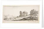 Plate 9: two horsemen at left galloping uphill towards the right, a horse and seated m…, ca. 1641 by Stefano della Bella