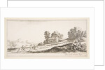 Plate 9: two horsemen at left galloping uphill towards the right, a horse and seated m…, ca. 1641 by Stefano della Bella