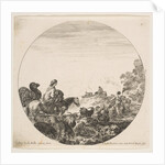 Plate 5: a woman carrying a child on a horse at left, a camel following her, a herd of…, ca. 1646 by Stefano della Bella