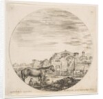 Plate 12: a shepherd sleeping on the ground at right, three horses at left, other hors…, ca. 1646 by Stefano della Bella
