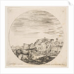 Plate 12: a shepherd sleeping on the ground at right, three horses at left, other hors…, ca. 1646 by Stefano della Bella