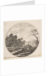Plate 6: cows crossing a valley at left, a horseman and other cows in the background…, ca. 1646 by Stefano della Bella