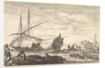 A galley covered in sails to left, six cannons and four people to left in foregroun…, ca. 1652-57 by Stefano della Bella