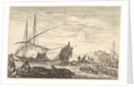 A galley covered in sails to left, six cannons and four people to left in foregroun…, ca. 1652-57 by Stefano della Bella