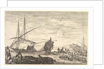 A galley covered in sails to left, six cannons and four people to left in foregroun…, ca. 1652-57 by Stefano della Bella