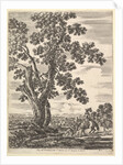 A woman on horseback seen from behind descending a hill to the right, a large tree …, ca. 1652-57 by Stefano della Bella