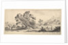 Plate 6: a fisherman carrying a net to left, two horsemen in a stream to right, a tree…, ca. 1641 by Stefano della Bella