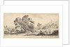 Plate 6: a fisherman carrying a net to left, two horsemen in a stream to right, a tree…, ca. 1641 by Stefano della Bella