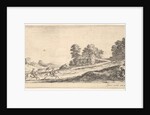Plate 9: two horsemen at left galloping uphill towards the right, a horse and seated m…, ca. 1641 by Stefano della Bella