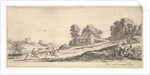 Plate 9: two horsemen at left galloping uphill towards the right, a horse and seated m…, ca. 1641 by Stefano della Bella