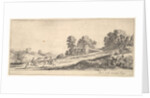 Plate 9: two horsemen at left galloping uphill towards the right, a horse and seated m…, ca. 1641 by Stefano della Bella