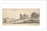 Plate 9: two horsemen at left galloping uphill towards the right, a horse and seated m…, ca. 1641 by Stefano della Bella