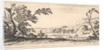 Plate 3: two horsemen crossing a river to right, a woman with two baskets atop a donke…, ca. 1641 by Stefano della Bella