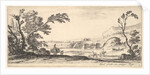 Plate 3: two horsemen crossing a river to right, a woman with two baskets atop a donke…, ca. 1641 by Stefano della Bella