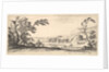 Plate 3: two horsemen crossing a river to right, a woman with two baskets atop a donke…, ca. 1641 by Stefano della Bella