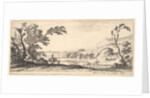 Plate 3: two horsemen crossing a river to right, a woman with two baskets atop a donke…, ca. 1641 by Stefano della Bella