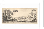 Plate 3: two horsemen crossing a river to right, a woman with two baskets atop a donke…, ca. 1641 by Stefano della Bella