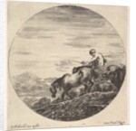 A shepherd at right, facing left, driving a group of animals downhill, a round comp…, ca. 1643-48 by Stefano della Bella