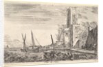 Tower of Calais, tower to right, two ships in the sea to left and in cent…, 1647 by Stefano della Bella