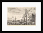 Tower of Calais, tower to right, two ships in the sea to left and in cent…, 1647 by Stefano della Bella